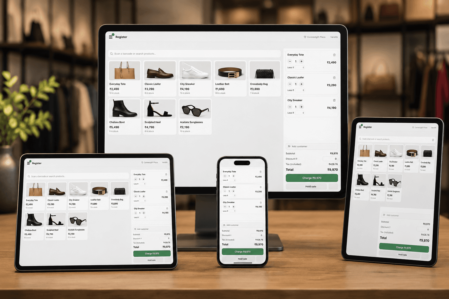 StoreMink Point of Sale running on a desktop, tablet and phone in a retail store